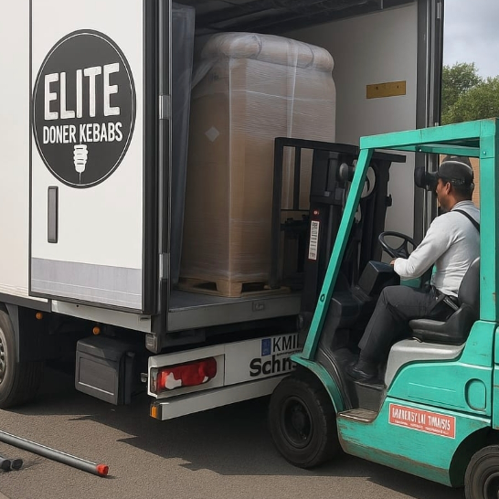 Person using a forklift to load or unload a container from a truck with 'Elite Doner Kebabs' branding.