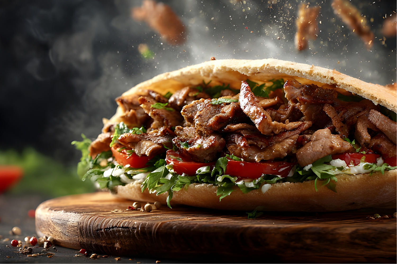 Large sandwich with meat and vegetables on a wooden board with a dark background